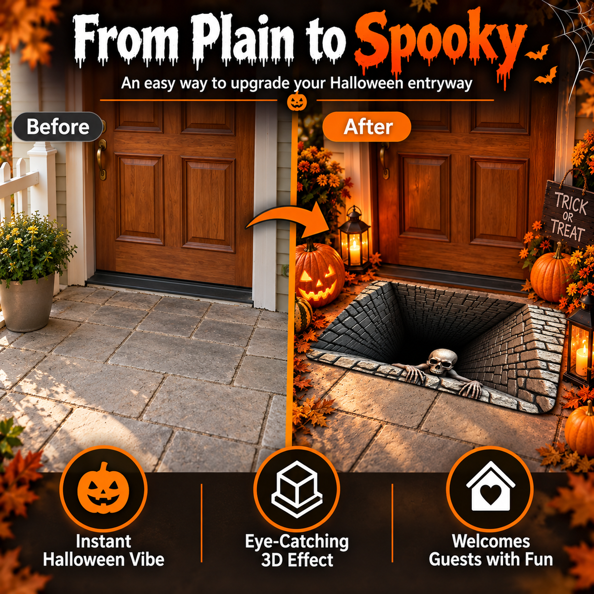 🔥2026 HOT SALE🔥Halloween Front Door Mat – Festive 3D Visual Skull